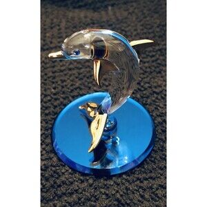 Glass Baron Collectible Crystal Dolphin 2.5” Figurine w/ Gold Trim Accent 280G-B